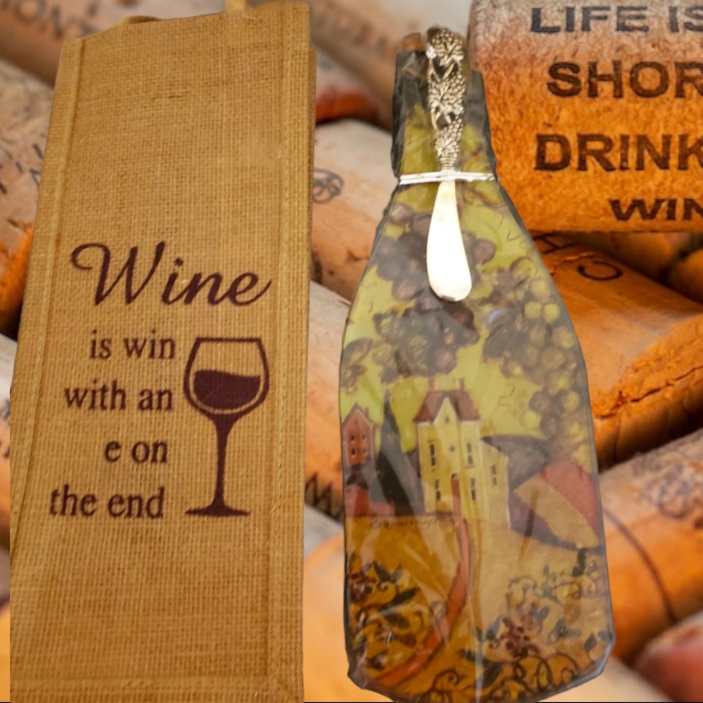 NEW Burlap Wine bag w/Glass Wine Themed Cheese tray Set